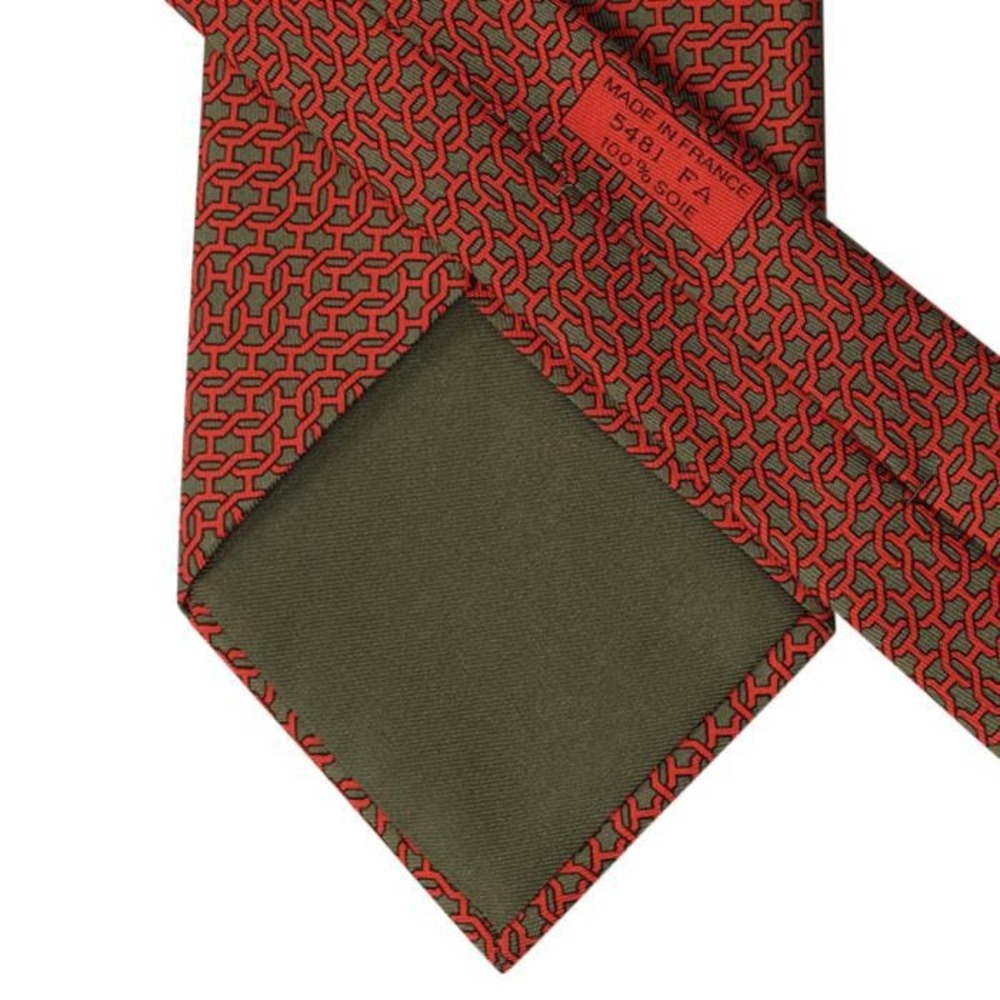 Hermes Paris Mens Silk Tie Red Grey Geometric Chain Link Pattern‎ 5481 FA France